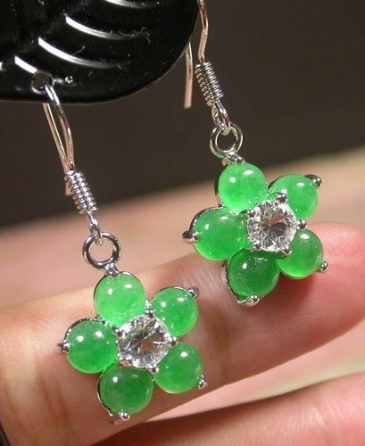 Genuine Green Jade Cabochon Cubic Zirconia Star Flower Hook Dangle Earrings - Picture 4 of 8
