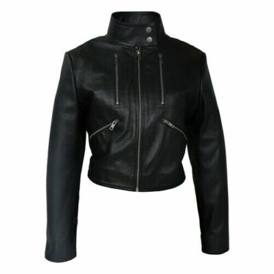 Damen Schwarz Echtleder Bolero Cropped Kurzjacke Moto Biker Jacke Mantel