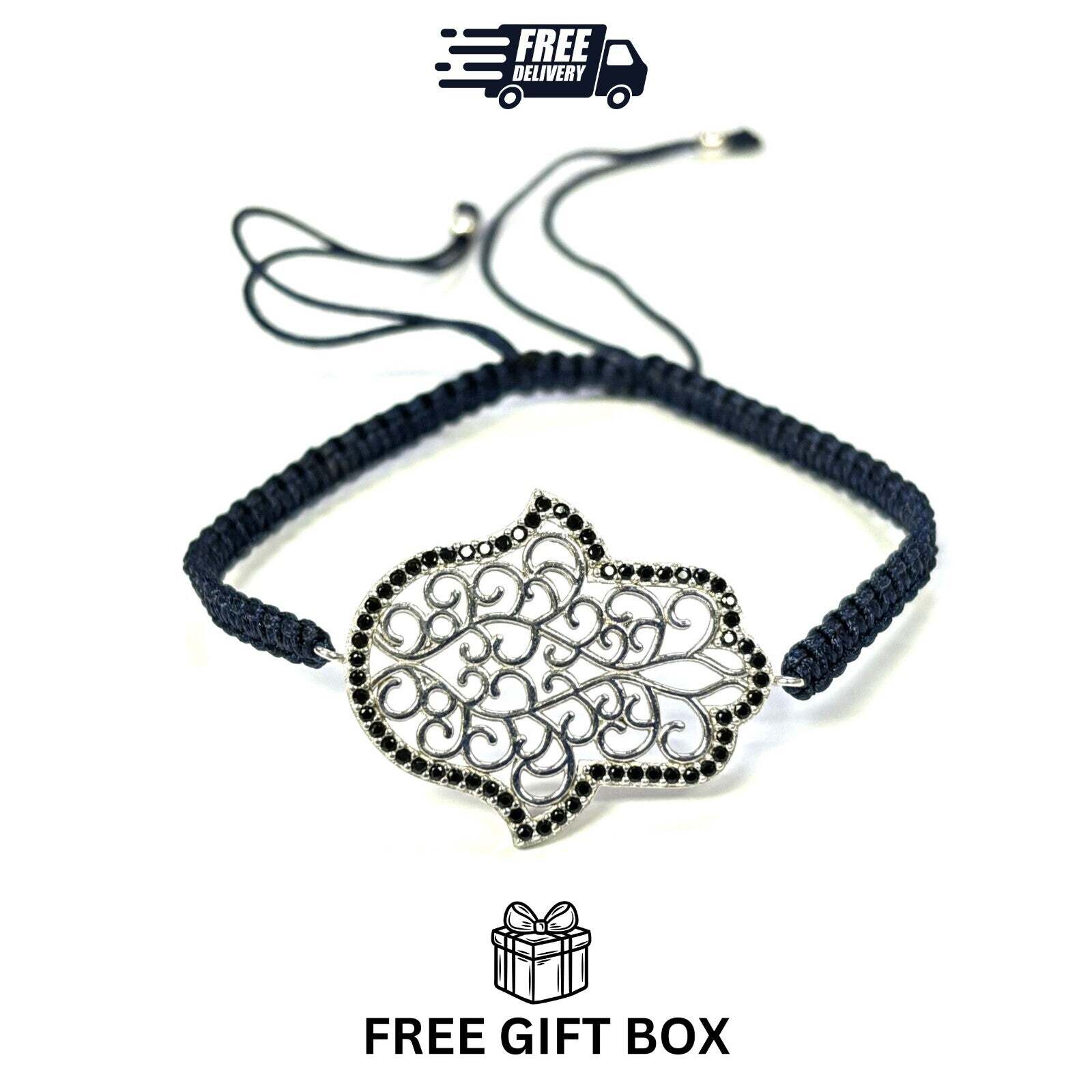 925 Sterling Silver CZ Hamsa Adjustable Bracelet 6-11 Inches