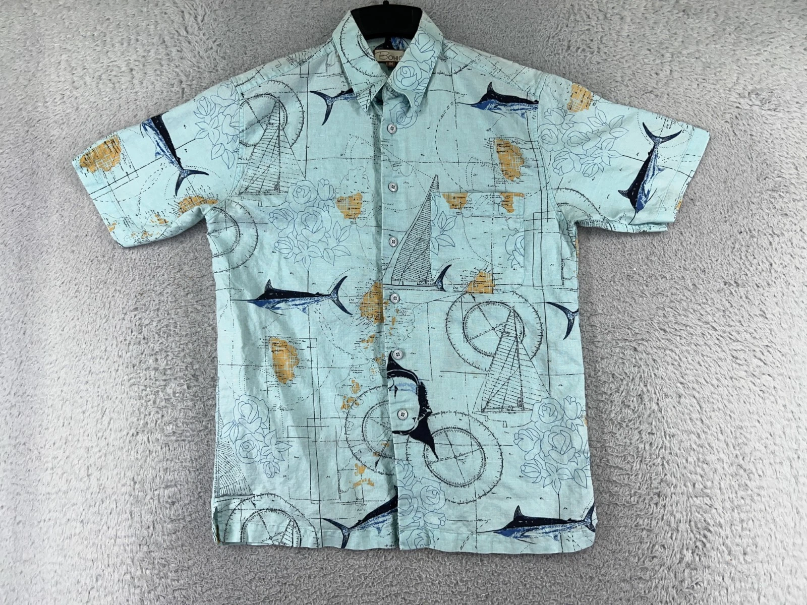 Bohio Shirt Mens Medium Blue Hawaiian Navagational Chart Game Fish Marlin Angler