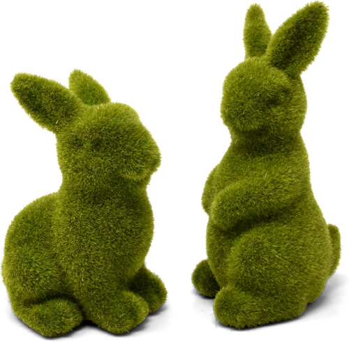 Green Fuzzy Flocked Bunny Easter Spring Decor Set of 2 Rabbit Figurines Garden A