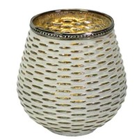 Windlicht Teelicht Halter Glas H=8Cm Muster Weiß Gold Kerze Laterne Deko Tisch