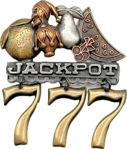 K & T Signed Jackpot 777 Vintage Brooch Joker Fruit Casino Luck Costume Jewelry