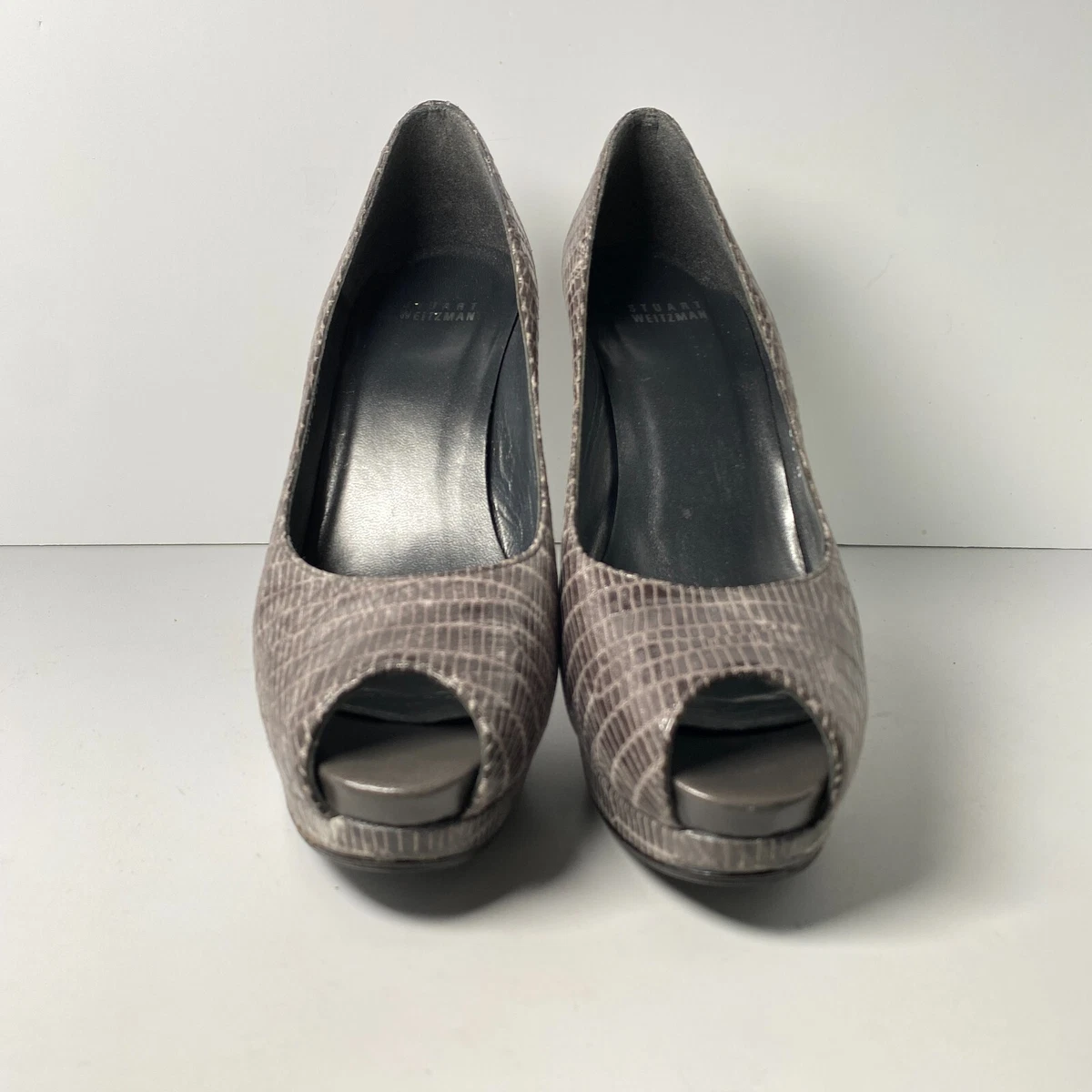 Stuart Weitzman Sadie 8.5 M Gray Snakeskin Peep Toe Platform Pump Stiletto Heels