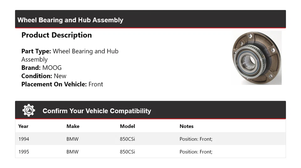 Conjunto de cojinete de rueda y buje delantero MOOG para BMW 850CSi 1994-1995 Foto 2 de 4