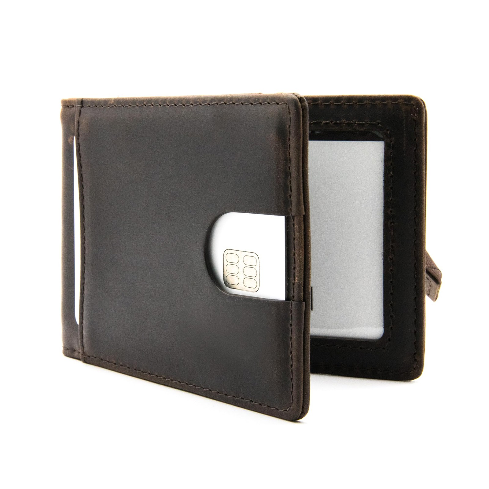 Cartera minimalista de cuero genuino plegable delgada con bloqueo RFID para hombres con mone...