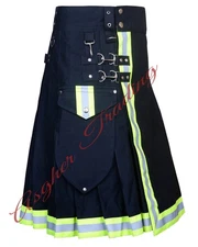 Scottish Handmade Black Firefighter Utility Kilt , Fire Department Cotton Kilt