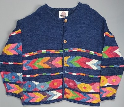 Amano Strickjacke Handarbeit Pullover Grobstrick Patchwork Wolle Gr. XL Vintage