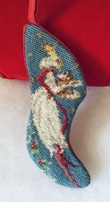 Vintage Mini 6" Wool Needlepoint Christmas Stocking Ornament Blue White Angel