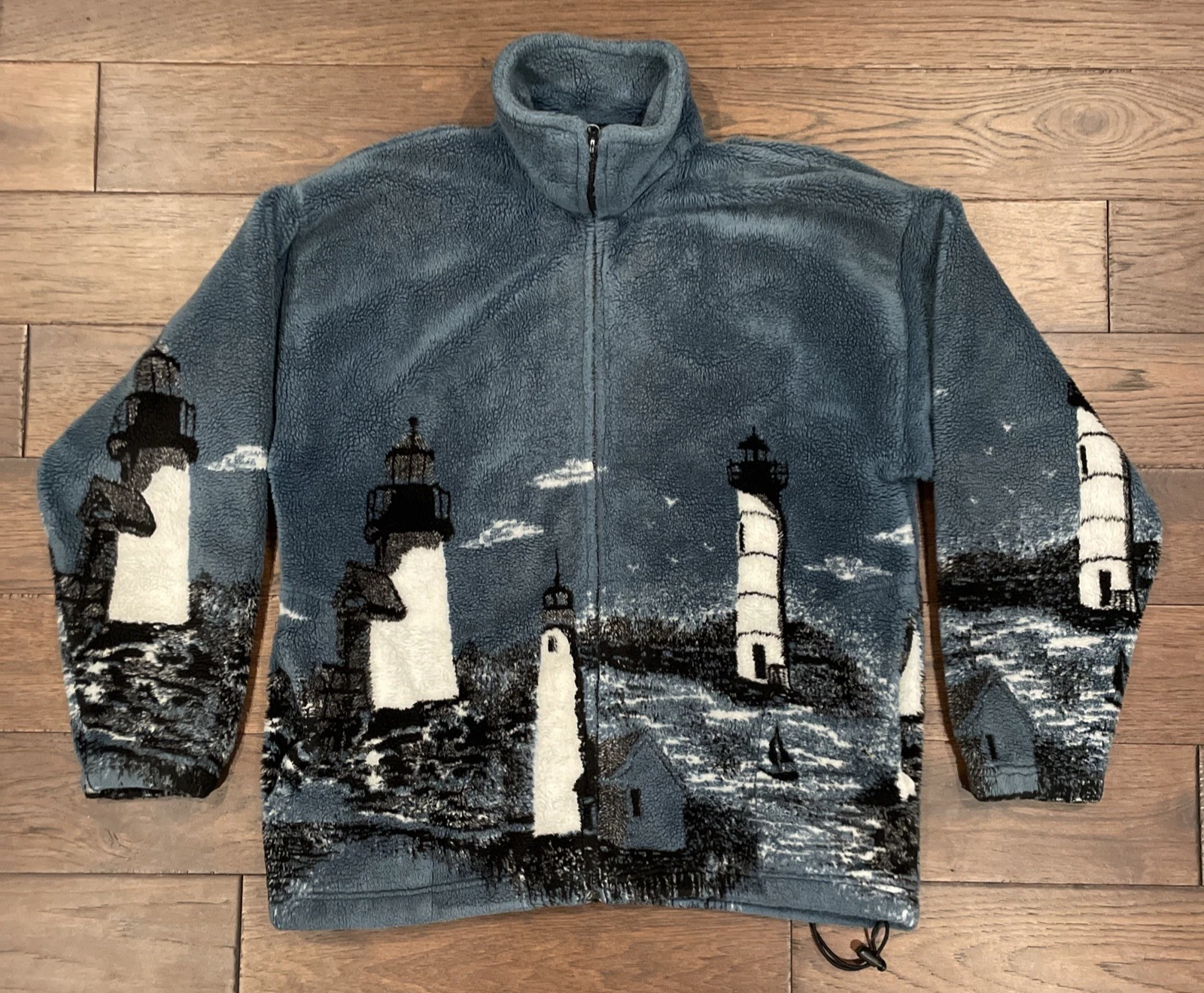 Mazmania Jacket Adult XLarge Fleece Full Zip Lighthouse Scene Made USA Outdoors