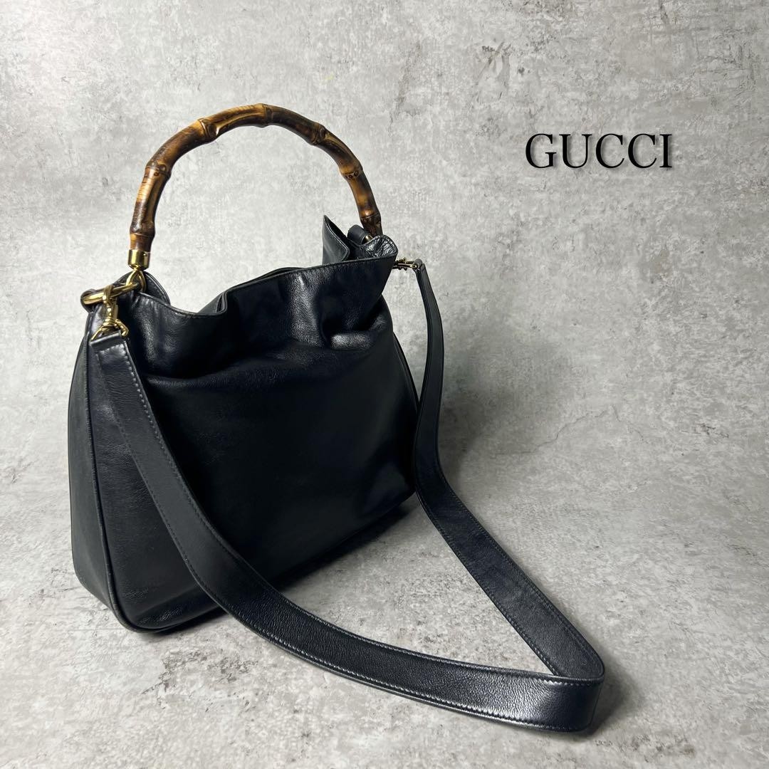 GUCCI 2Way Bamboo Handbag Shoulder Bag Black Leather  DDU