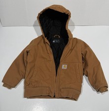 Carhartt Jacket Youth S 7-8 Brown Quilted Lined Hooded Canvas Full Zip OJ8545-B