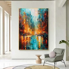 City 3D Colorful Blue Modern Hand Painted Oil Painting On Canvas Abstract
