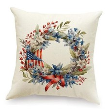 Patriotic 4th of July Flowers Garland Throw Pillow Cover 18 x 18 Inch Linen
