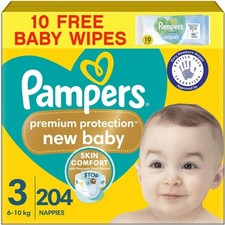 Image of Pampers Premium Protection Size 3 Nappies 204 + Harmonie Aqua Baby Wipes 10
