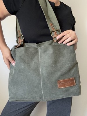 Eddie Bauer Canvas Shoulder Bag Khaki Green Leather Trim Utility Tote Bag