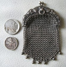 Antique Chatelaine STERLING Silver Floral Leaf Frame Mesh Coin Purse FRANCE 1890