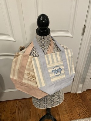 Trader Joe s Pastel Mini Stripe Tote Bags LOT OF TWO NWT Authentic Blue & Beige