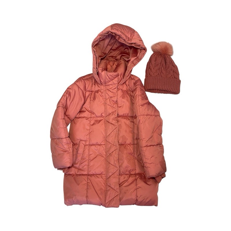 Gap Kids Girls Puffer Parka Winter Coat And Pom Pom Hat Size Small 6-7 Peach