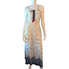 VTG Mango Bohemian Maxi Dress Lightweight White Chiffon Blue Floral Size Small