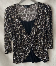 AB Studio Top Blouse Women's Black and brown Leopard Look 3/4 Sleeve L