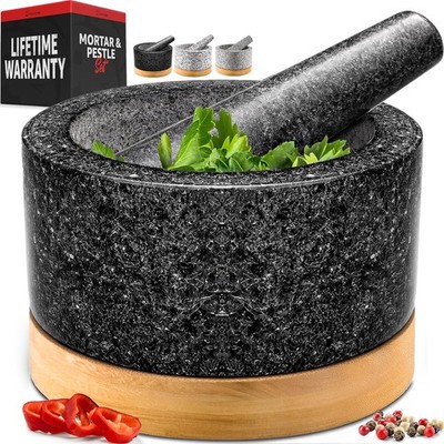 PriorityChef Heavy Duty Mortar and Pestle Set with Bamboo Base, 100% Black 