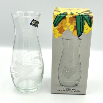 New Vintage 1980s Pasabahce 7  Handcut Glass Bouquet Vase Floral Etched Turkey