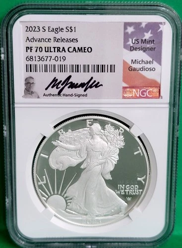2023 S PROOF SILVER EAGLE NGC PF70 MICHAEL GAUDIOSO SIGNED ADVANCE RELEASES