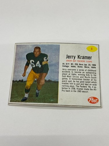 1962 Post Jerry Kramer Green Bay Packers #8 (VG-EX) Very Good-Excellent