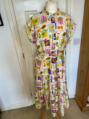 Size 14 Fruit Dress New Look with Tags Midi Summer Holiday Shirt Style Tropical - Image 1 of 4