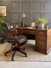 Vintage Chocolate Brown Leather & Mahogany Wood Captains Desk Chair