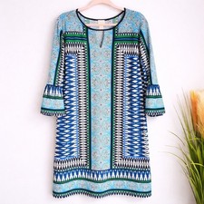 Chico's New Blue Green Medallion Jersey Knit Bell Sleeve Shift Dress SZ XL 3
