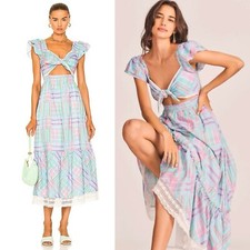 LoveShackFancy- Blue Purple Multicolor Plaid Emeka Cotton Tie Front Dress Size S