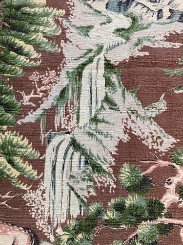 Vintage Bark Cloth Table Runner Or Dresser Scarf, Waterfall, Pine Trees, Deer - Picture 5 of 6