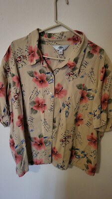 AKS Sport Womens Plus Top 3X Floral Writing Button Up S Sleeve  Collar Grannycor