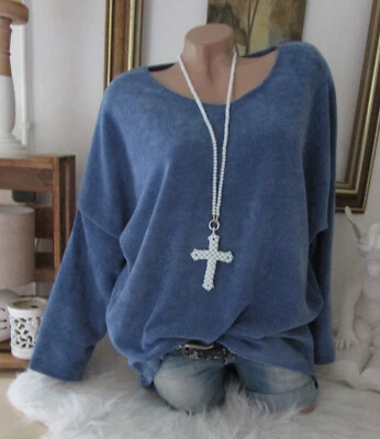 FASHION Neu Italy Shirt Pulli Cord Optik Kuschelig Langarm Freizeit Jeans-Blau 42 44