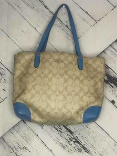 COACH F29208 TOTE TOP CON ZIP IN TELA RIVESTITA FIRMATA KAKI/Turchese - Foto 2 di 9