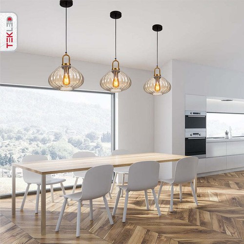Plafoniera a sospensione globo vetro ambrato metallo bronzo dorato E27 TEKLED - Foto 5 di 8