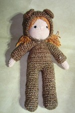 Hand Made Crochet Doll Girl with Hat, Brown Hair, 15"