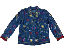 Jane Ashley Petite Small Denim Embroidered Floral Jacket Vintage