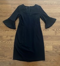 TALBOTS Navy Blue Knit Dress, Flounce Sleeves V-Neck Embroidered Trim, Women's 6