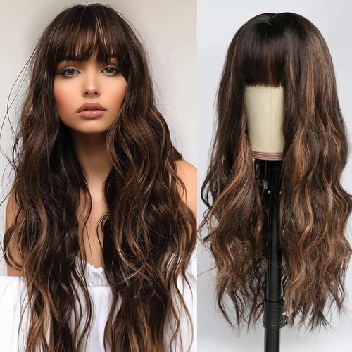 Brown Highlight Wig with Bangs Long Wavy Wig for Women Dark Brown Wigs with High