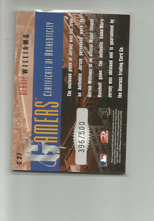 2003 DONRUSS GAMERS #27 BERNIE WILLIAMS JERSEY 396/500 - Image 2 of 2