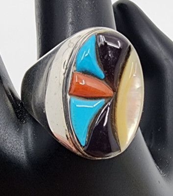 Zuni Inlaid Ring Silver Gemstone Richard & Geneva Terraza C.1980s Size 11 2
