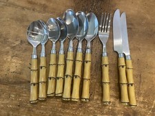 VTG 10 Faux Bamboo Plastic Handle Stainless Flatware TIKI spoons knives forks