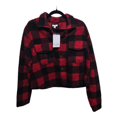 Love Fire Fleece Jacket Womens Size 1X Red Black Plaid Cropped NWT