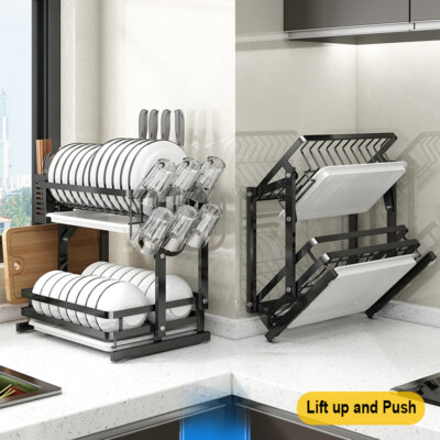 Dish Drainer Drying Rack with Cup Holder Foldable Cutlery Tray Kitchen  Organiser