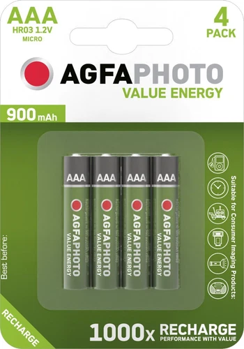 4 x AGFAPHOTO Akkus Batterie Micro AAA / HR03 NiMh 1,2V/900mAh Accu Value Energy