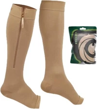 NURCOM Zipper Copper Compression Socks Open Toe Beige 20-30 mmHg Knee High--5XL