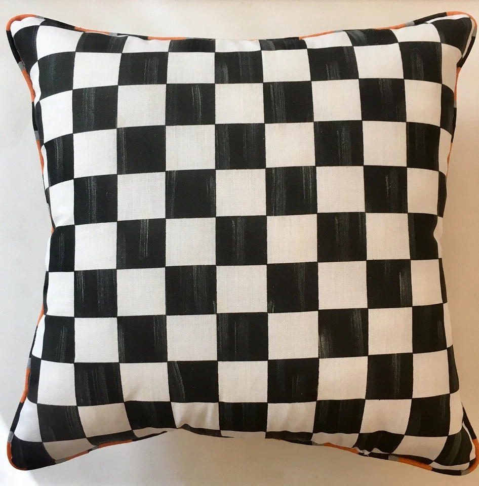 Black Damask Orange Square Diamond Check Pillow Mackenzie Childs Napkin - Image 4 of 4